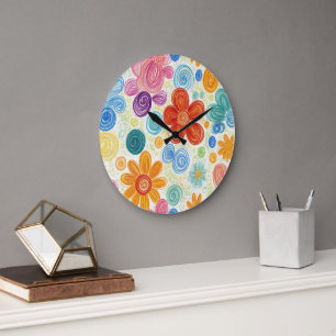 Crayon Doodle Daisy Design Large Clock