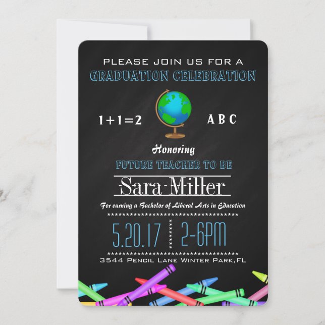 Crayon & Globe Teacher Graduation Invitation (Front)