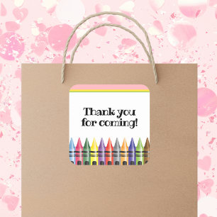 Crayon Kids Birthday Party Pink Green Thank You  Square Sticker