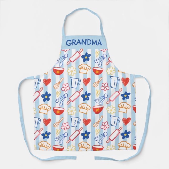 Crayon Kitchen Doodle Retro Cooking Pattern Apron (Front)
