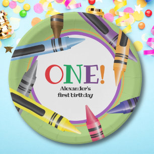 Crayon ONE First Birthday Party Green Orange Paper Plate