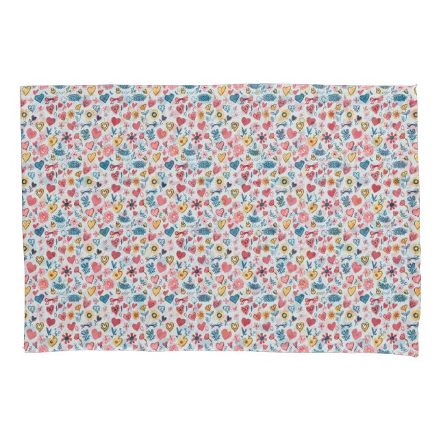 Crayon Pastel Heart & Flowers Pillowcase (Front)