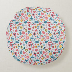 Crayon Pastel Heart & Flowers Round Cushion