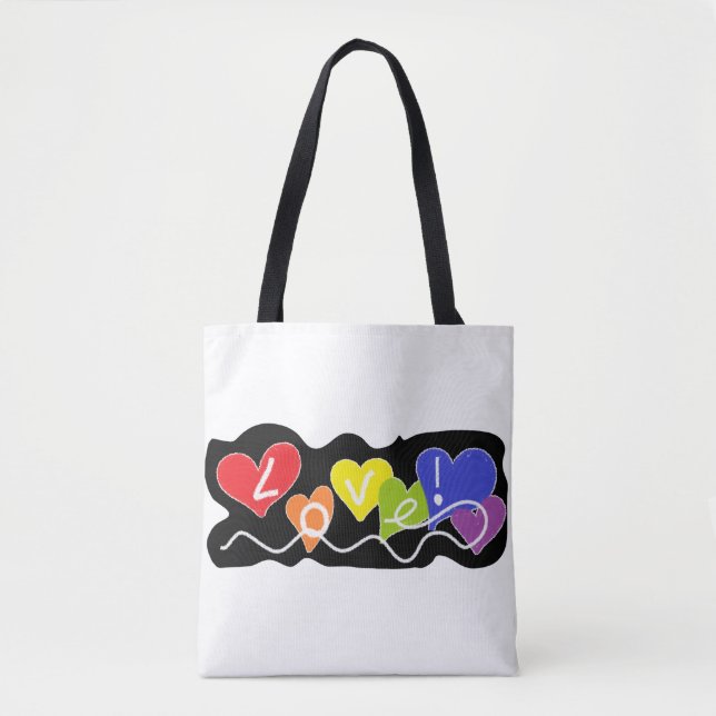Crayon Style Fun PRIDE Rainbow Colour Hearts LOVE  Tote Bag (Front)