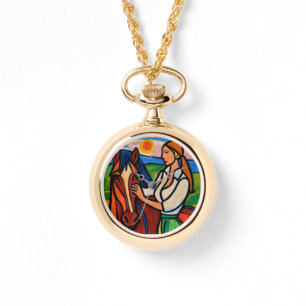 Crayon-Style Woman & Horse Pendant watch 