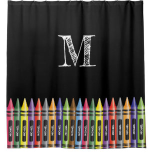 Crayons Kids Black Trendy Pattern Monogram Shower Curtain
