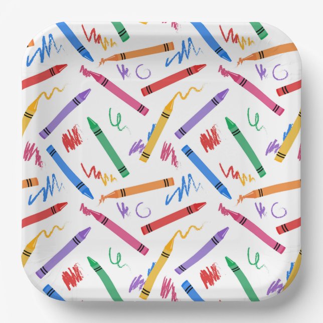 Crayons Paper Plates, Colourful School Art Party Plate (Front)