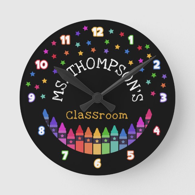 Crayons Stars Colourful Teacher's Name Classroom Round Clock (Front)