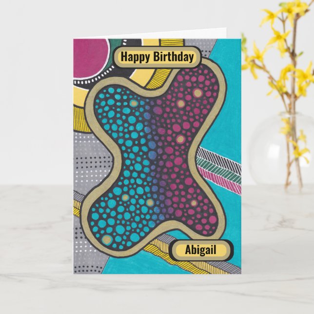 Crazy bright amoeba, doodle style, personalised, card (Yellow Flower)