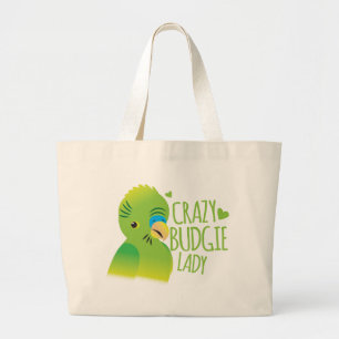 Crazy budgie lady large tote bag