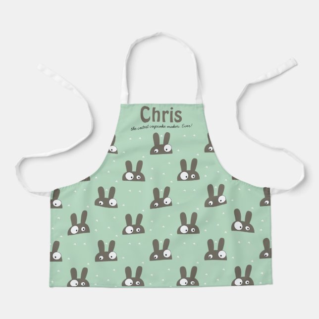 Crazy bunnies green, custom text apron (Front)