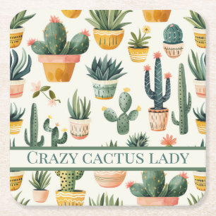 "Crazy cactus lady! text on a cactus design Square Paper Coaster