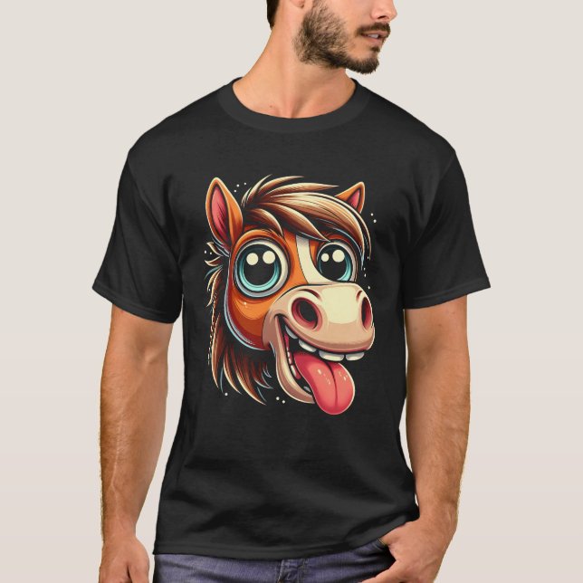 Crazy Cartoon Horse Face Funny Goofy Tongue Out Co T-Shirt (Front)