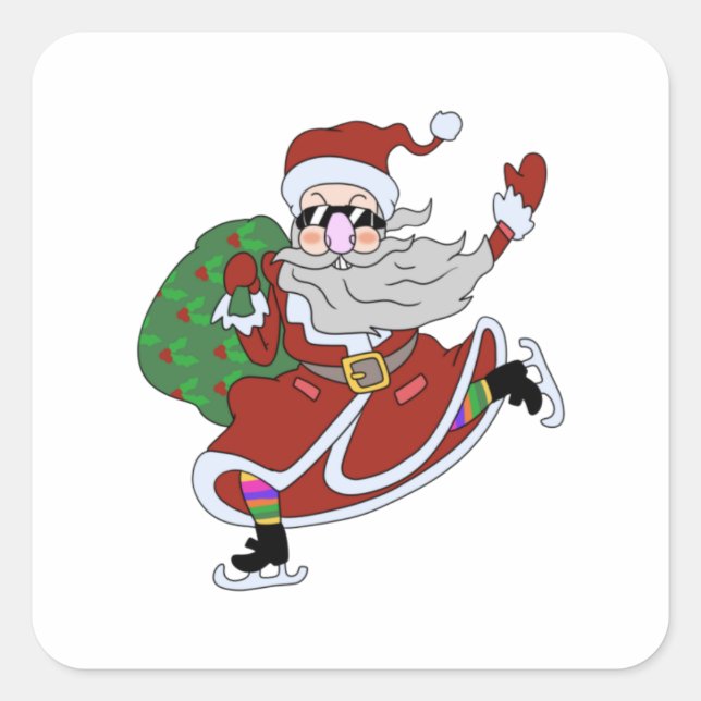Crazy cartoon Santa Claus ice skating Square Sticker (Front)