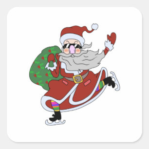 Crazy cartoon Santa Claus ice skating Square Sticker