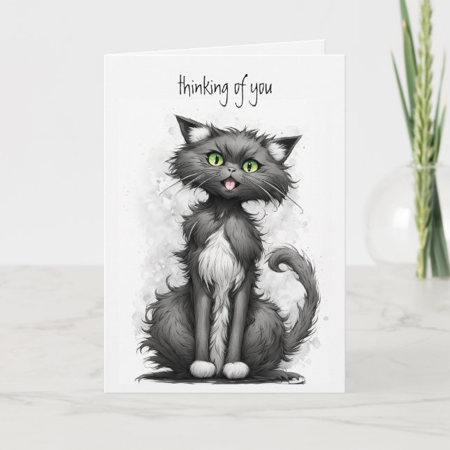 Crazy Cat Cartoon Thinking Of You Card (Front)