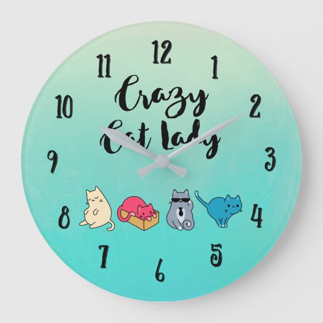 Crazy Cat Lady and 4 Cute Cats Large Clock (Front)