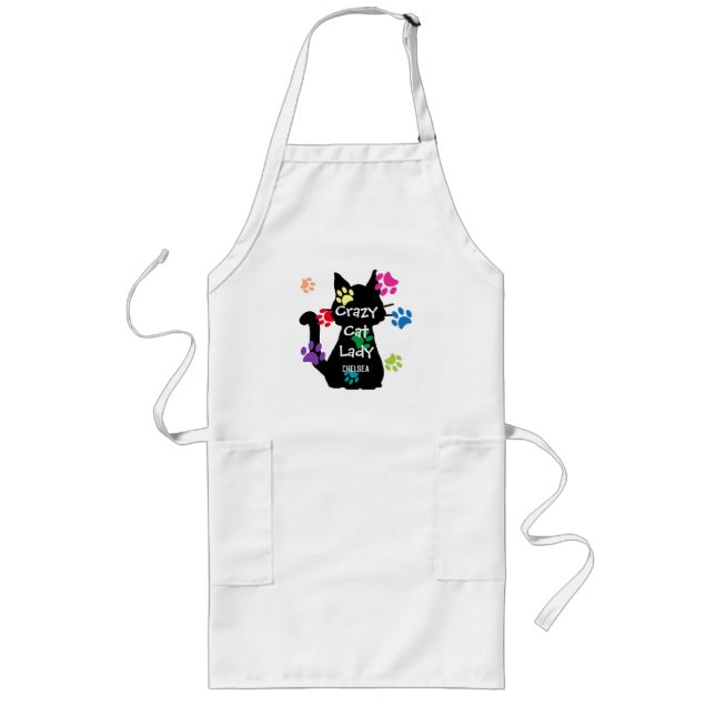 Crazy Cat Lady Black Cat and Colourful Painted Paw Long Apron (Front)