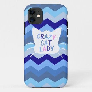 Crazy Cat Lady - Blue Chevron Waves iPhone 11 Case