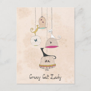 Crazy Cat Lady Cats n Birdcages Postcards
