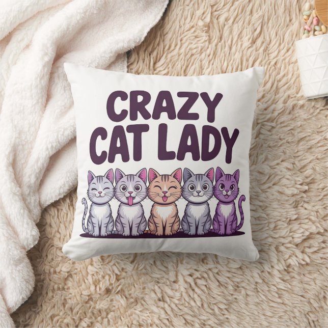 Crazy Cat Lady Funny Cute Purple Cat Cartoon Throw Cushion (Blanket)