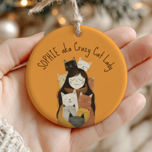 Crazy Cat Lady on Paw Pattern Custom Name Yellow Ceramic Ornament