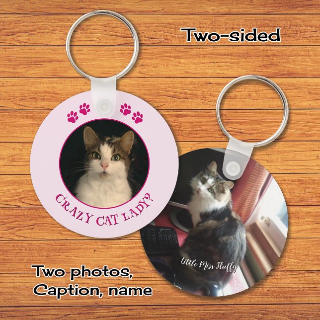 Crazy cat lady photo custom text pink key ring (Creator Uploaded)