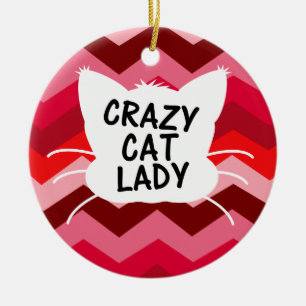 Crazy Cat Lady with Red Chevron Pattern Ceramic Ornament
