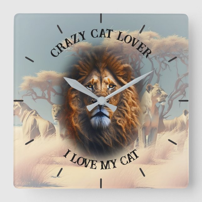"CRAZY CAT LOVER" Square Personalised Wall Clock (Front)