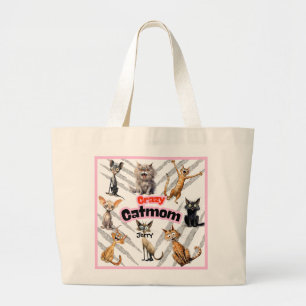 Crazy Cat Mum with Personalised Name Large Tote Bag