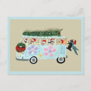 Crazy Cats in their Christmas Hippie Van Invitation Postcard