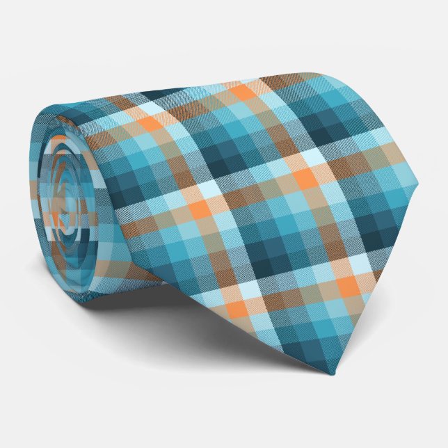 Crazy Check Plaid Teal and Orange Two-Sided Tie (Rolled)