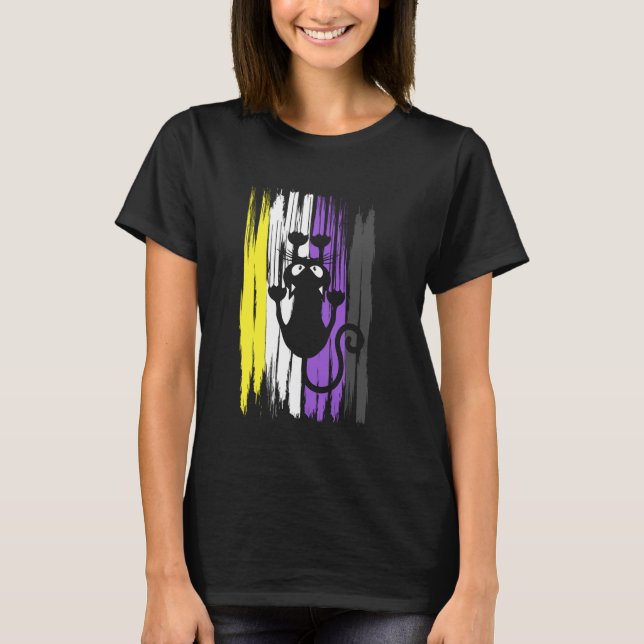 Crazy Climbing Cat Nonbinary Pride Funny Enby Powe T-Shirt (Front)