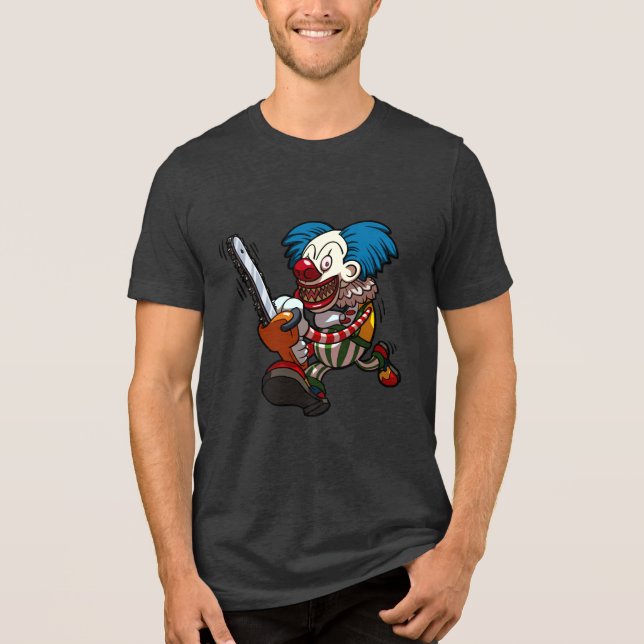 Crazy Clown Halloween Horror Chainsaw Cartoon Tri-Blend Shirt (Front)