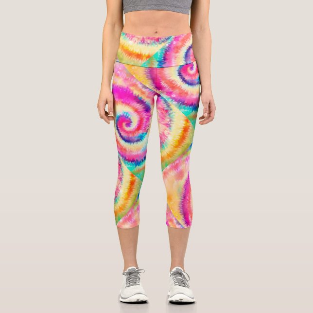 Crazy Colorful Psychedelic Festive Tie Dye Swirls Capri Leggings (Front)