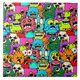 Crazy Colourful Monster Doodle Pattern Ceramic Tile