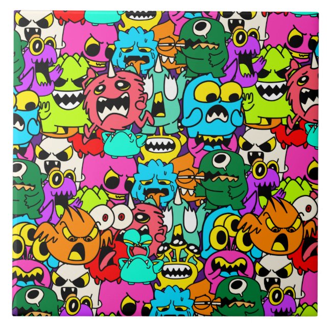 Crazy Colourful Monster Doodle Pattern Ceramic Tile (Front)