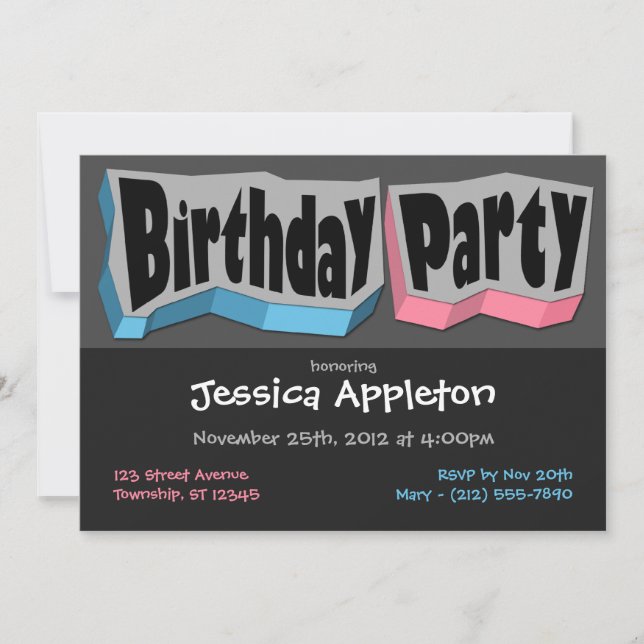 Crazy Cool Blue & Pink Birthday Party Invitation (Front)