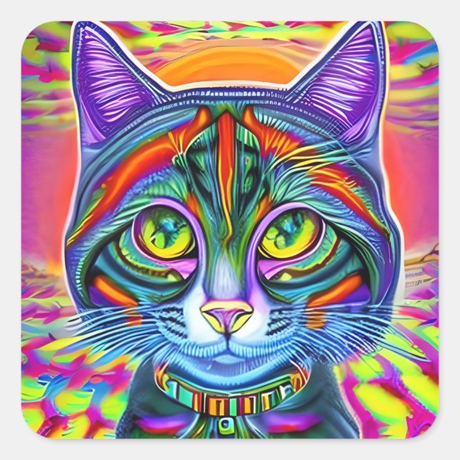 Crazy Cool Eyed Mystical Colourful Cat  Square Sticker (Front)