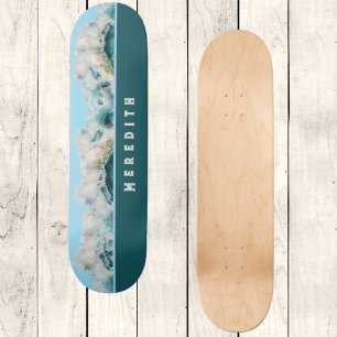 Crazy Cresting Blue Green Beach Waves with Name Skateboard