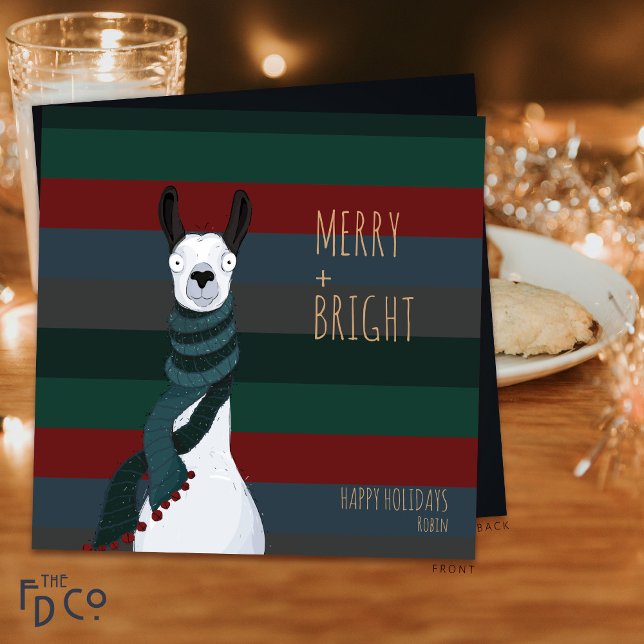 Crazy Cute “Merry + Bright” Llama Holiday Card (Creator Uploaded)