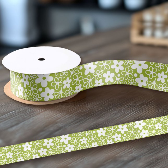 Crazy Daisy Pattern in Spring Green Satin Ribbon (Custom Ribbon on a Roll - Personalize this ribbon with you text)