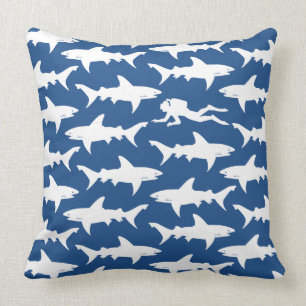 Crazy Diver Swimming in Middle of School of Sharks Cushion