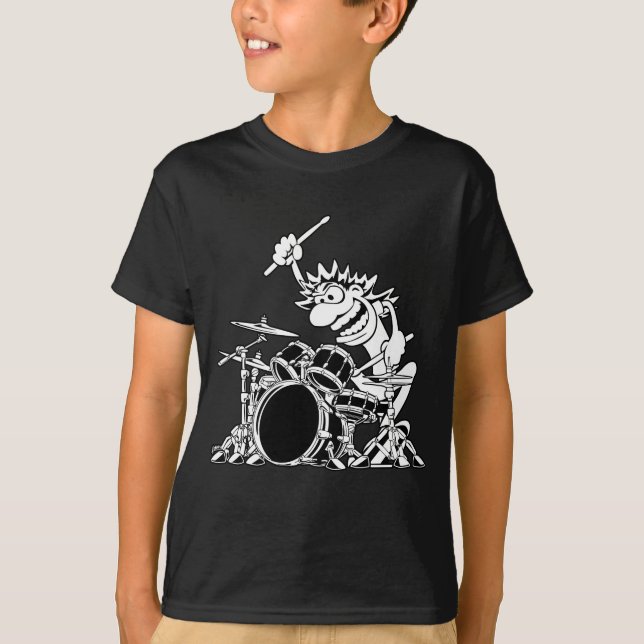 Crazy Drummer Cartoon Illustration T-Shirt (Front)