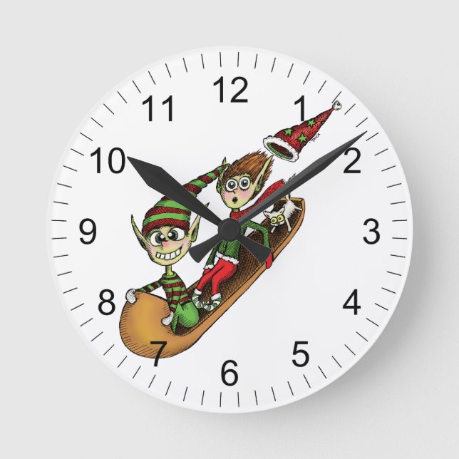 Crazy Elf Sled Ride Round Clock (Front)