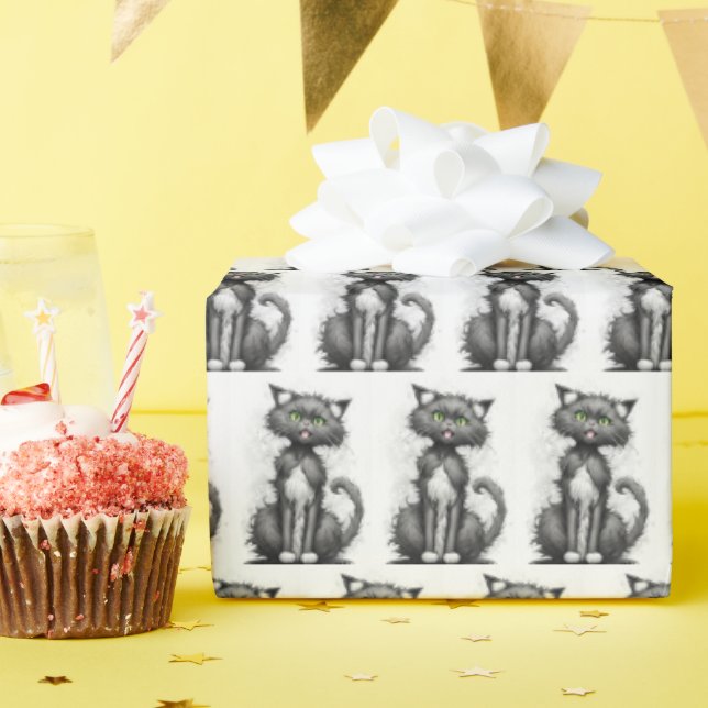 Crazy Feline On White Wrapping Paper (Birthday Party)