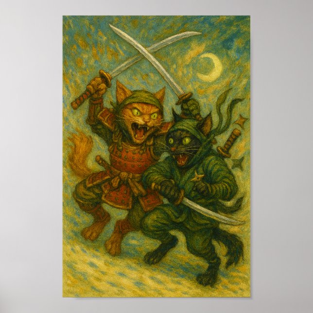 Crazy fighting ninja cats poster (Front)