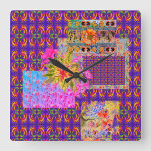 Crazy Floral Patchwork Colourful Purple All-Over  Square Wall Clock