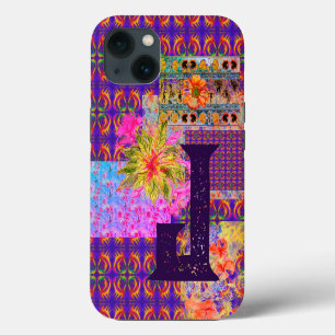 Crazy Floral Patchwork Colourful Purple Monogram iPhone 13 Case