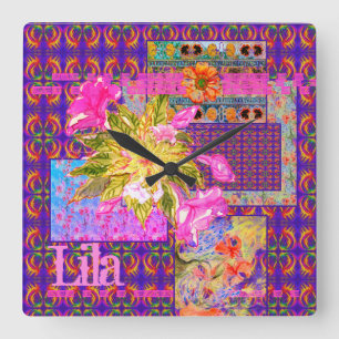 Crazy Floral Patchwork Colourful Purple Pink Orang Square Wall Clock